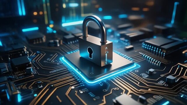 Secure digital padlock on a circuit board with glowing blue lines, symbolizing cybersecurity and data protection in a futuristic technology environment