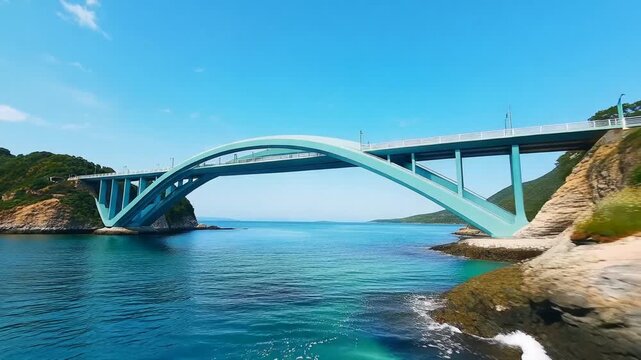 Scenic ocean bridge spans rugged coastline with lush greenery on a sunny day for travel broch