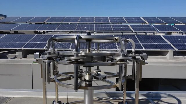Solar panel tracking system on rooftop with clear blue sky background for renewable energy technology
