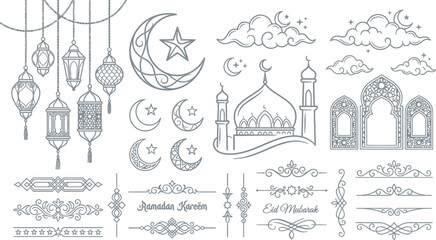Elegant Islamic elements collection with mosque, crescent moon, and lanterns in detailed line art design