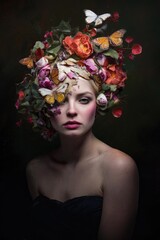 Naklejka premium Woman Portrait with Floral Crown and Butterflies, Surreal Beauty Art