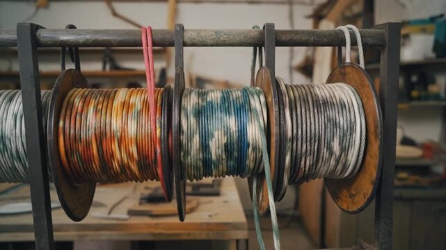 Wire spools on a rack in a workshop with various colored wires and a blurred background of a workbench