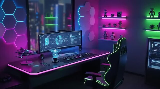 Gaming Room Setup with Neon Lights and Modern Computer Desk.