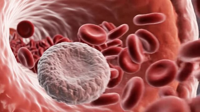 Red blood cells flowing through a narrow artery with a blocked section in the background, medical concept