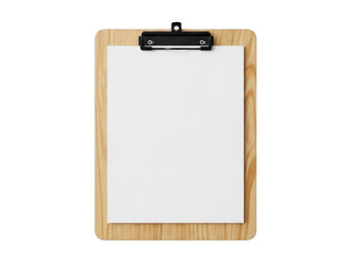 A simple wooden clipboard with a blank white paper ready for notes or tasks isolated on transparent background