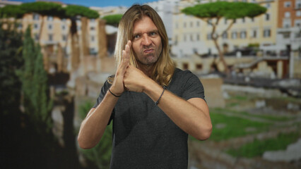 Fototapeta premium Blond man holds fist under palm in blocking gesture inside a building with ancient roman ruins in the background; defiance.