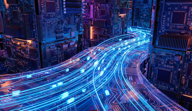 Abstract digital data stream highway with glowing blue light trails