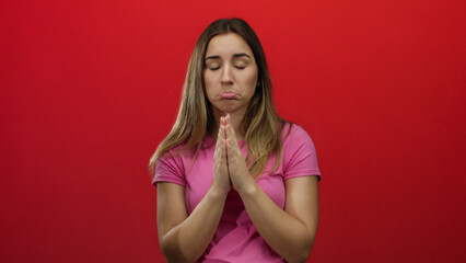 Obraz premium Woman pleading with hands together in a pink shirt against an isolated red background, expressing hope, emotion, and sincerity with a focused, contemplative expression.