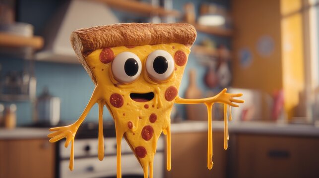 A funny pizza slice with bulging eyes.