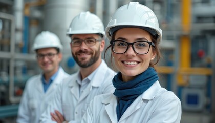 Three smiling engineers in white coats and hard hats stand in a factory. They appear to be a diverse team working together in a modern industrial plant facility.