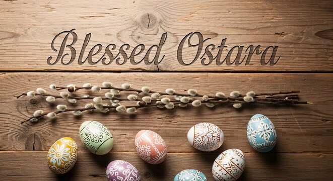 Decorative Easter eggs and willow branches on wooden table for Ostara  
