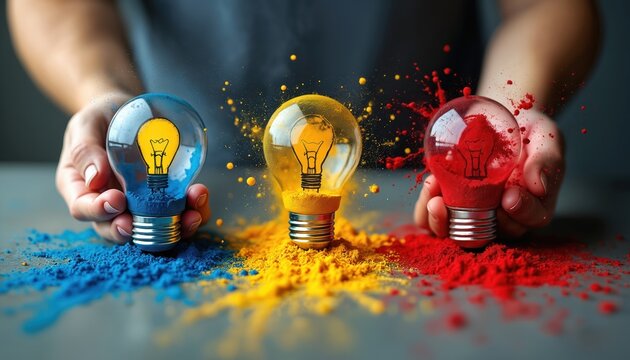 Hands hold three light bulbs filled with blue yellow and red powder. Colorful dust explodes around objects symbolizing creative ideas and innovation. Mind spark concept.