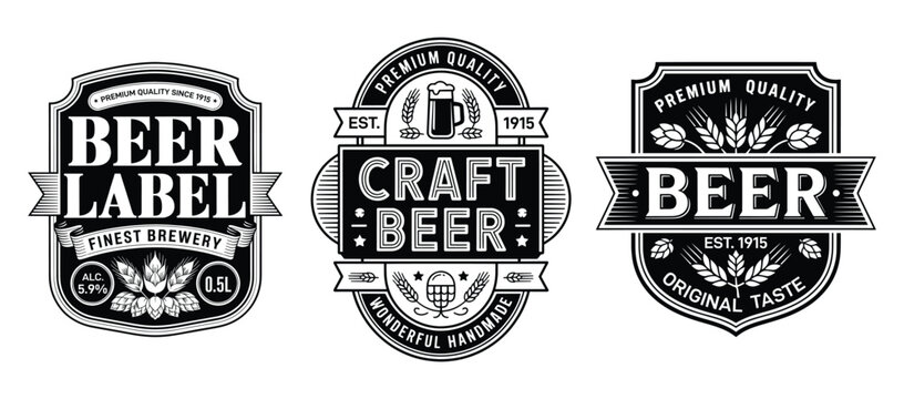 Premium Black and White Craft Beer Label Vector Set, Classic Craft Beer Label, Vintage Brewery Beer Labels, Classic Brewery Shields, Retro Typography Badges, Emblems for Alcohol Packaging