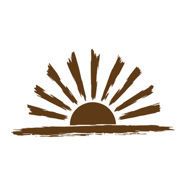 Vintage Grunge texture sunrise symbol with rays and half circle sun on horizon line  abstract morning graphic element