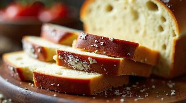 Sliced bread on wooden plate with salt and fresh tomatoes background  