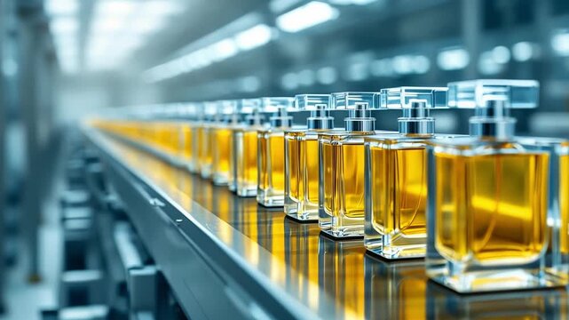 Glass Perfume Containers Filled With Amber Liquid Moving Along Production Line