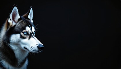 Siberian Husky dog with bright blue eyes poses on black background. This beautiful canine looks to side with intense gaze. Great for ads, banners and cards.