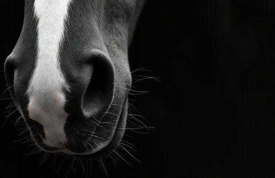 Extreme close-up of horse nose and muzzle in black and white. Horse snorts, exhales air, showing whiskers and nostrils against dark background. Offers ample copy space for text.