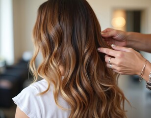 Fototapeta premium Stylist crafts waves in long brown hair with blonde highlights at salon. Client receives beauty treatment, hairstyling session. Elegant styling work for shiny hair.