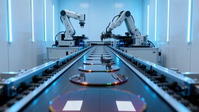 Robotic Arms Carefully Position Silicon Disks During Production Process