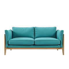 Fototapeta premium A blue couch sitting on a white floor, suitable for modern interior design or minimalistic decor