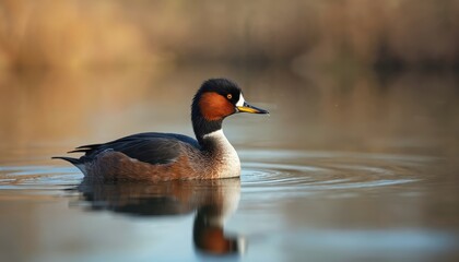 Red-necked grebe swims on calm lake water in spring. Bird has colorful plumage, distinctive markings on neck and head. Shows natural wildlife scene with reflection. Perfect for nature lovers.