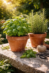 Fresh basil and rosemary herbs in terracotta pots outdoors