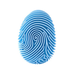 A close-up of a blue fingerprint on a white background