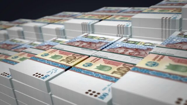 Tajikistan somoni Tajikistani money banknote bundle growth up loop. 100 TJS stacks. Concept of cash pack, banking, travel, business, economy and finance 3d loopable seamless.