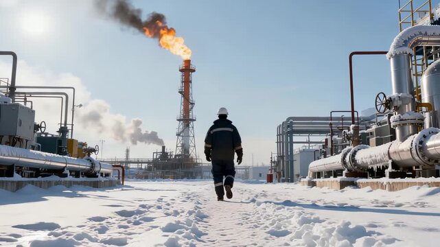 Maintenance Staff Walking Along Icy Pipeline Pathway Toward Flare Stack