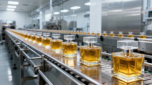 Refined Manufacturing Line With Glass Bottles And Golden Fluid Flow
