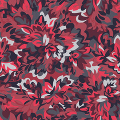 Full Seamless floral pattern. Red, black, gray print background. Vector leaves textile texture for fashion fabric. Use for dress, scarf, bag, wallpaper.