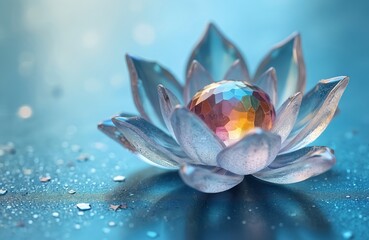 Fototapeta premium Crystal lotus flower centerpiece sits on glossy blue table. Center gem refracts rainbow light. Calm, clean atmosphere ideal for meditation and spiritual themes.