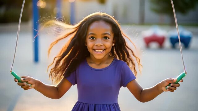 happy young girl playing jump rope at playground on sunny day wearing purple dress