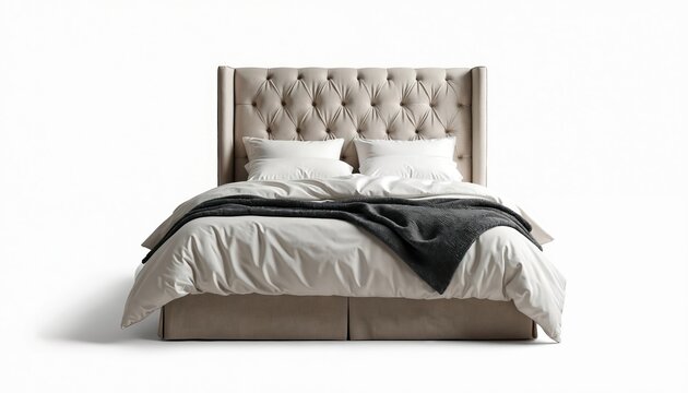 Tufted fabric headboard on bed with pillows and blanket. Elegant beige upholstered bed frame with clean white bedding. Comfortable bedroom furniture isolated on white background.