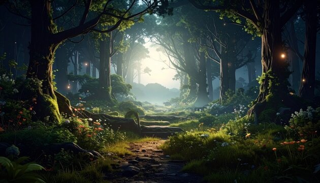 A serene forest scene unfolds with a winding path through trees and flowers towards sunlight.