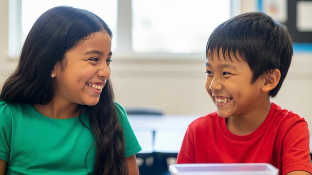 young children sharing a joyful laughter in a classroom setting with natural light ambiance