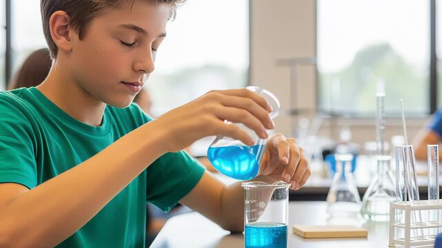 young student conducting science experiment with blue liquid in classroom laboratory setup