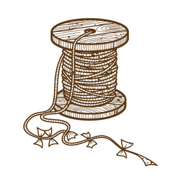 Vintage Grunge texture Vintage spool of thread with loose end and bows  sewing notion for crafting and textile projects
