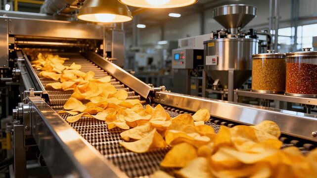 Spice Distribution Onto Potato Chips At Flavoring Plant Conveyor