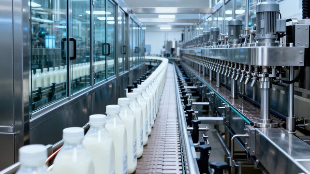 Pasteurized Milk Bottles Moving Along Highspeed Production Line