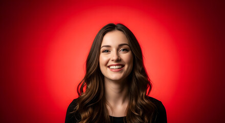 Young woman smiling in front of vibrant orange background
