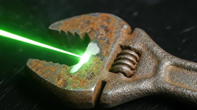 High intensity green laser beam cleaning rust from surface of old adjustable wrench causing smoke and vaporization