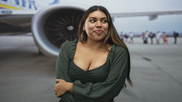 Woman smiling with arms crossed over cleavage in green blouse beside airplane engine on tarmac at airport with passengers boarding in background; confidence.