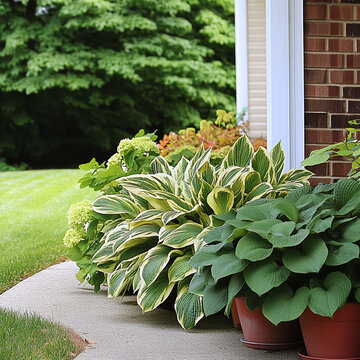 Lush green plants line front porch, featuring vibrant hostas and hydrangeas, creating refreshing outdoor space. arrangement adds touch of nature to home