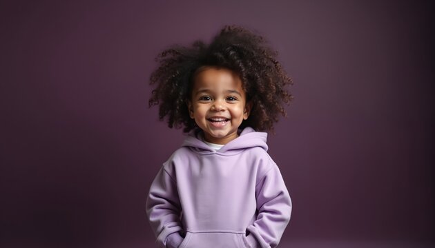 Cute little girl wearing purple hoodie smiles happily. She has curly dark hair. Studio portrait on purple background. Small child model posing with hands in pockets. Youthful, joyful mood.