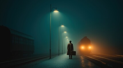 Cinematic wide shot of lonely man silhouette in coat and hat holding suitcase at railway train station at night. Foggy mysterious atmosphere, film noir travel and departure concept