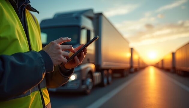 Man in safety vest uses phone near trucks at sunset. He checks logistics data, shipment status, and delivery schedules, managing transport efficiently. Route planning technology guides his work.