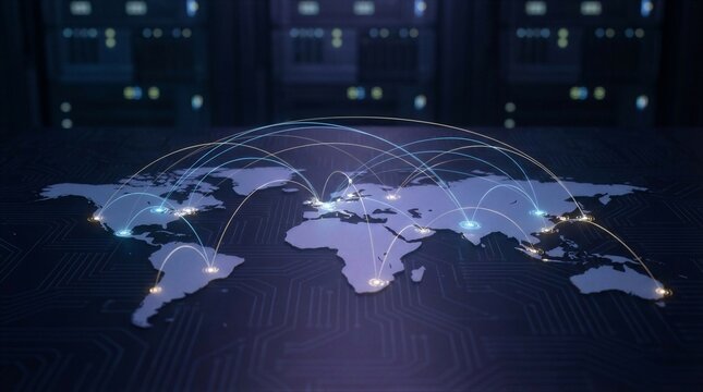 Global network with glowing lines connecting world map locations over a data server. Digital finance technology, internet communication