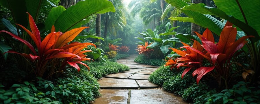 Exotic plants line wet stone path in rich green tropical garden. Vibrant orange and red foliage contrast with large banana leaves. Lush vegetation covers ground. Palm trees visible in distance.